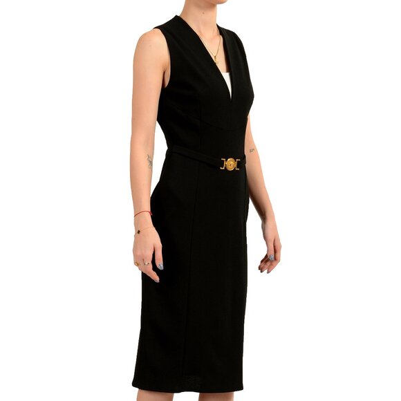 Versace Women's Black Deep V-Neck Gold Medusa Pencil Dress US M IT 42 - Picture 2 of 5